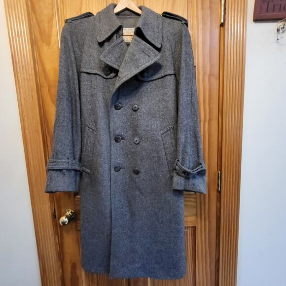 Vtg Gray Wool Trench Long Pea Coat Military Teller Coat Jacket Sz small - Picture 2 of 7